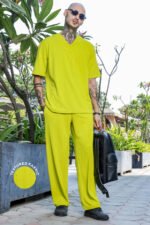 Unisex Lime Green Textured Oversized V-Neck Tee & Trackpant Co-ord Set