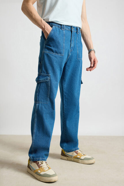 Utility Blue Multi-Pocket Baggy Straight Cargo Jeans