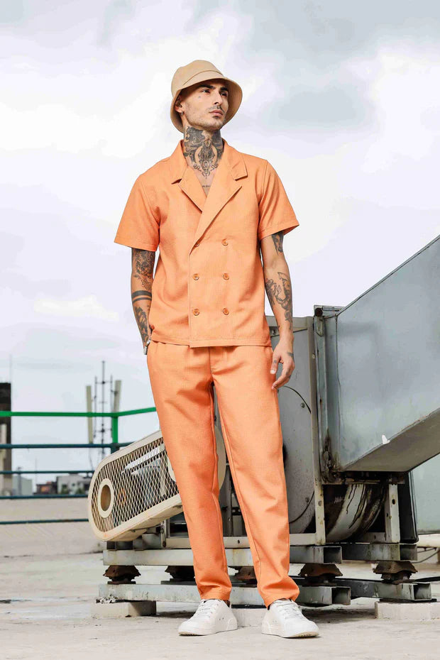 1L9A5851_11zon_1.jpg Brown Color Notched Lapel Textured Fabric Shirt & All Day Lounge Pants Co-ord Set - Image 1