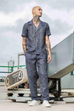 Blue Linen Embroidered Notched Lapel Korean Shirt & All Day Lounge Pants Co-ord Set