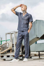Blue Linen Embroidered Notched Lapel Korean Shirt & All Day Lounge Pants Co-ord Set - Image 2