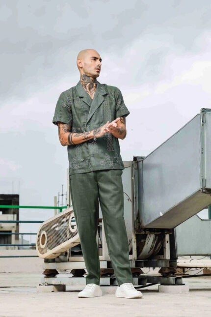 Olive Notched Lapel Linen Embroidered Shirt & Solid Linen All Day Pants Co-ord Set
