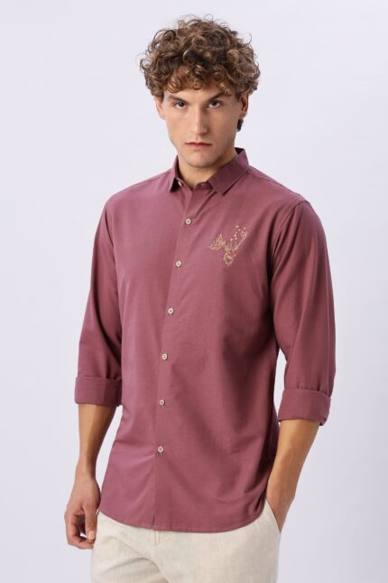 Arctic Reindeer Pink Playful Embroidered Cotton Shirt