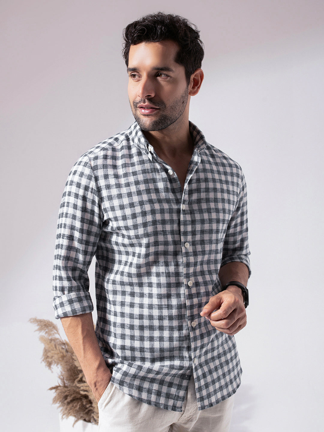1_3_3ded0546-9c21-4853-a015-f9d78c54cc05.jpg Black Checkered Linen Blend Sharp Look Casual Shirt - Image 1