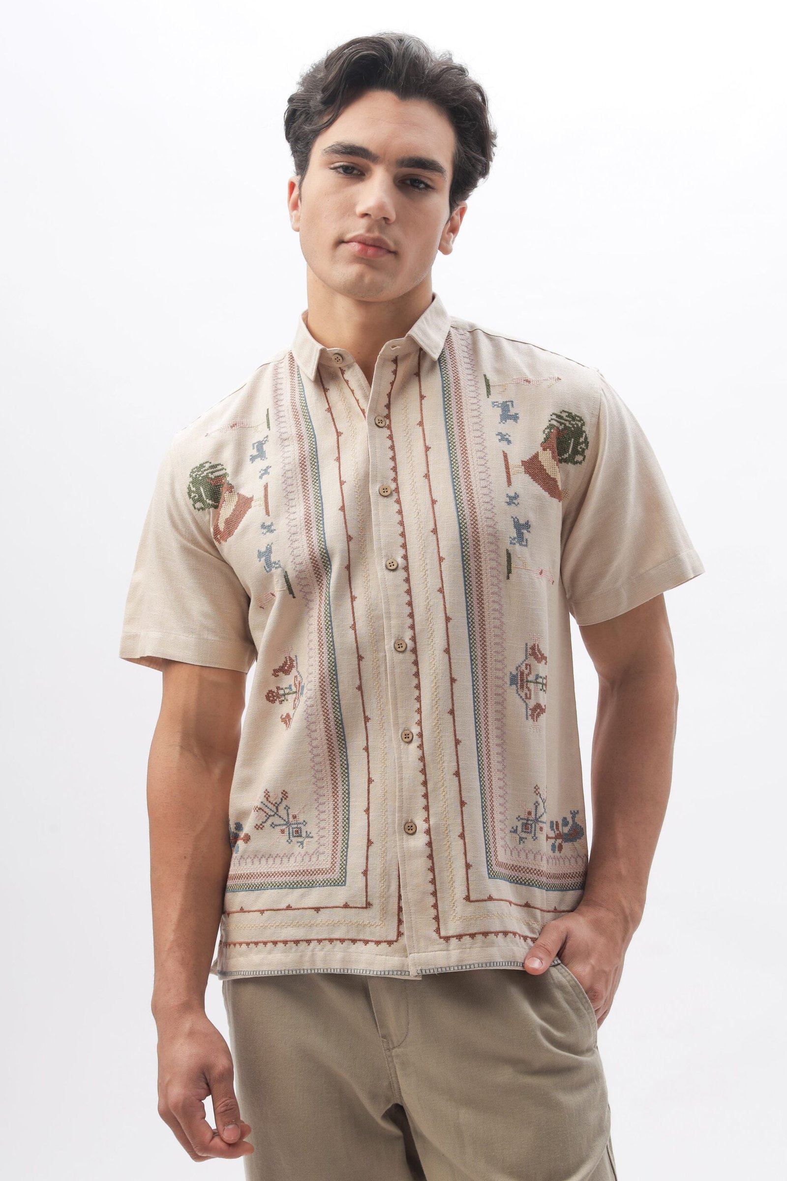 1_888c2383-948a-4301-9bc2-17236359133a-scaled-1.jpg Sands of Sahara Desert Motif Embroidered Half Sleeve Shirt - Image 1