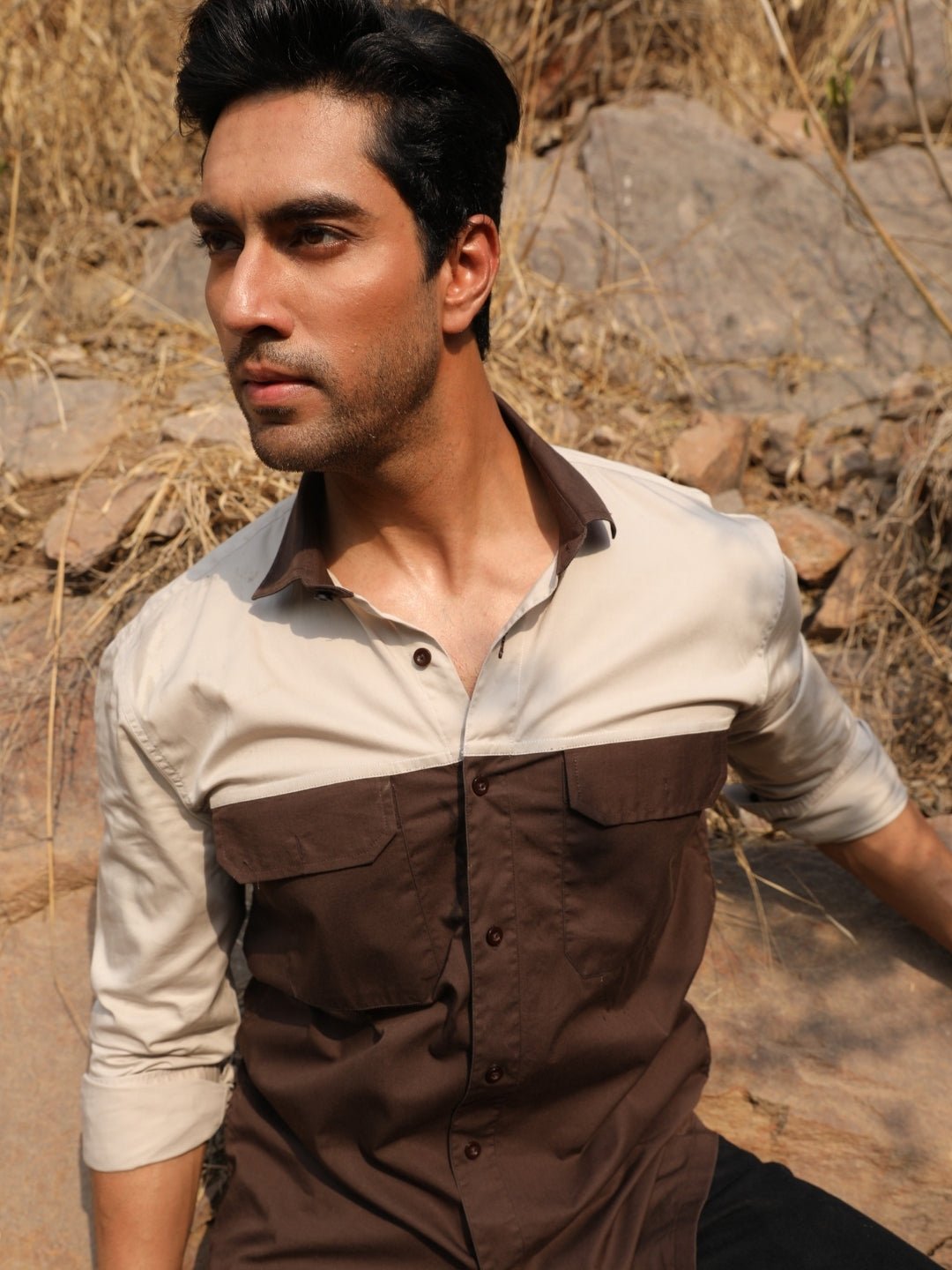 248-1.jpg Brown and Cream Color Blocked Modern Casual Shirt - Image 1