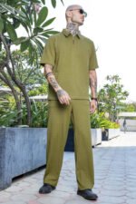 Olive Textured Oversized Polo Neck Tee & Track-pant Co-ord Set - Image 2