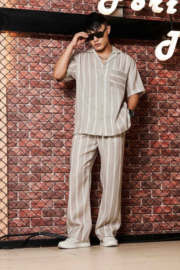 5_e5df06b3-6a30-4007-b77a-23e9e2091c5f.jpg Beige & White Linen Blend Casual Relaxed Fit Short Sleeve Shirt & Gurkha Pants Co-Ord Set - Image 1