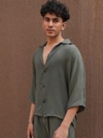 Textured Shirt Collar Oversized Shirt With Trousers - Image 2