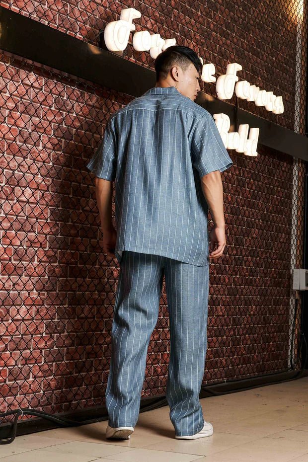 BD0A9188.jpg Blue Linen Blend Casual Relaxed Fit Short Sleeve Shirt & Gurkha Pants Co-Ord Set - Image 1
