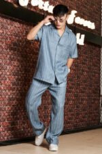 Blue Linen Blend Casual Relaxed Fit Short Sleeve Shirt & Gurkha Pants Co-Ord Set - Image 2