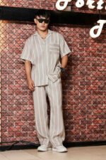 Beige & White Linen Blend Casual Relaxed Fit Short Sleeve Shirt & Gurkha Pants Co-Ord Set - Image 2