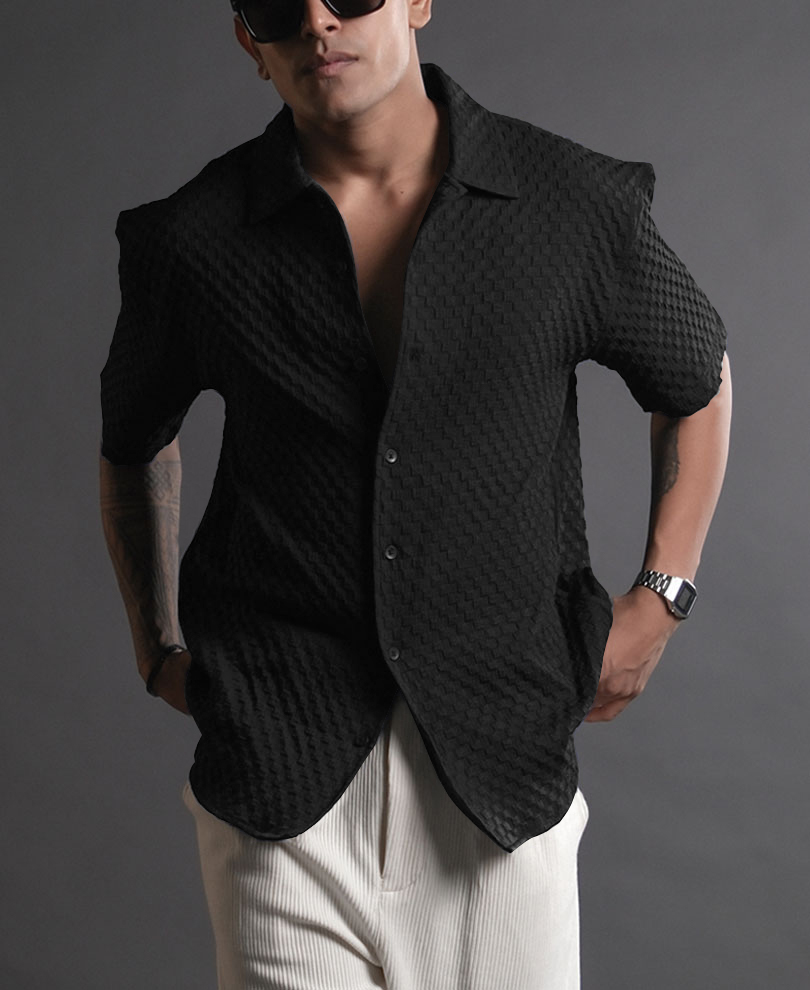 Black-4-1.jpg Half Sleeve Big Bubble Textured Black Shirt - Image 1