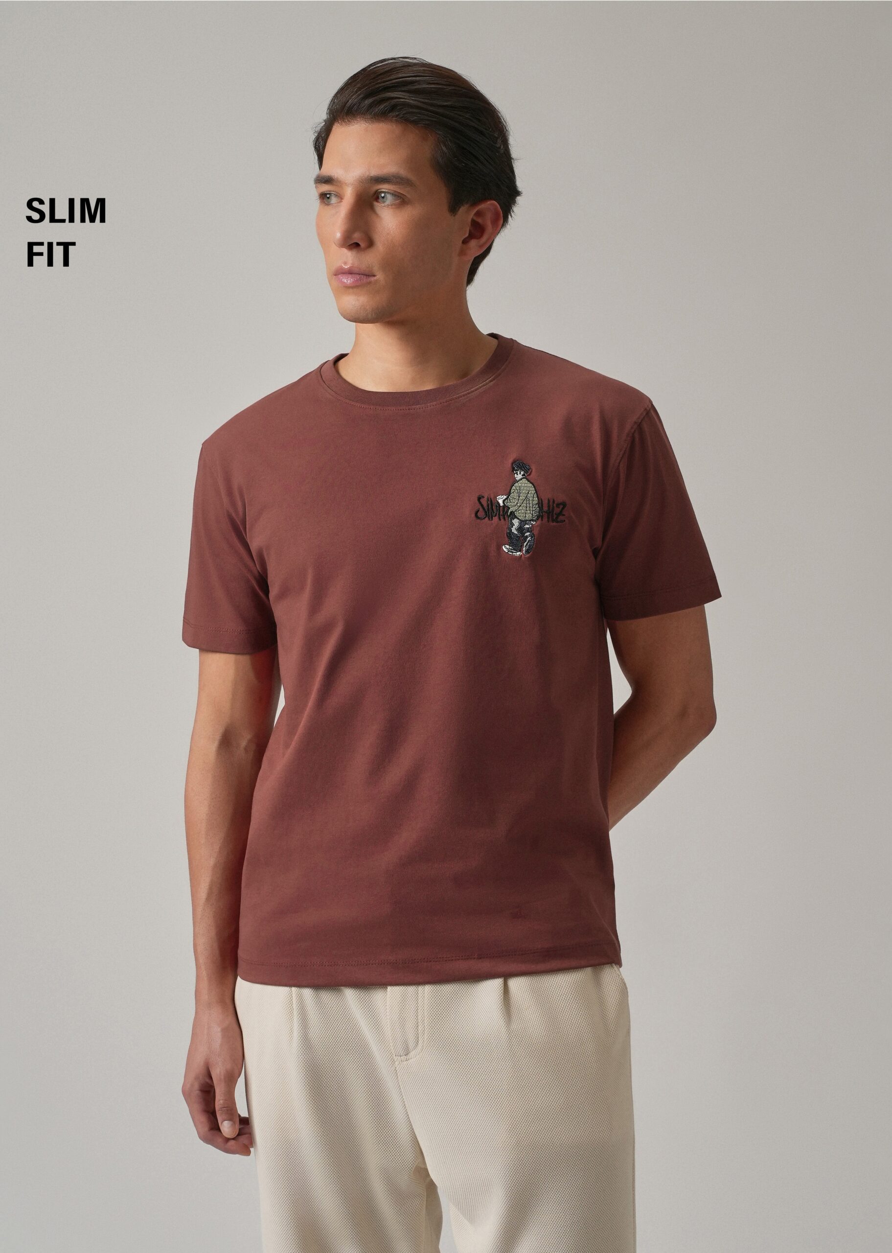 Brown_Printed_Slim_Fit_T-Shirt_3-scaled-1.jpg Brown Printed Slim Fit Cotton T Shirt - Image 1
