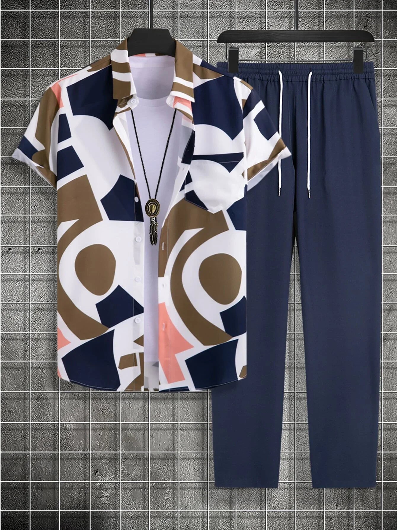 CLASSY_BROWN_BLUE_PATCH_1.jpg Classy Brown And Blue Patchwork On White Mens Full Set Trouser And Shirt Half Sleeves - Image 1