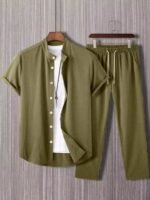 Plain Army Green Mens Full Set Trouser And Shirt Half Sleeves