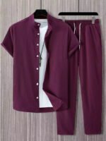Plain Burgundy Mens Full Set Trouser And Shirt Half Sleeves
