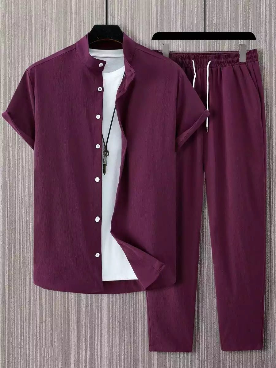 CLASSY_PLAIN_BURGUNDY_1.jpg Plain Burgundy Mens Full Set Trouser And Shirt Half Sleeves - Image 1