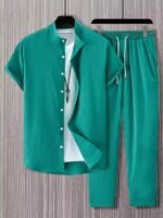 Plain Green Mens Full Set Trouser And Shirt Half Sleeves
