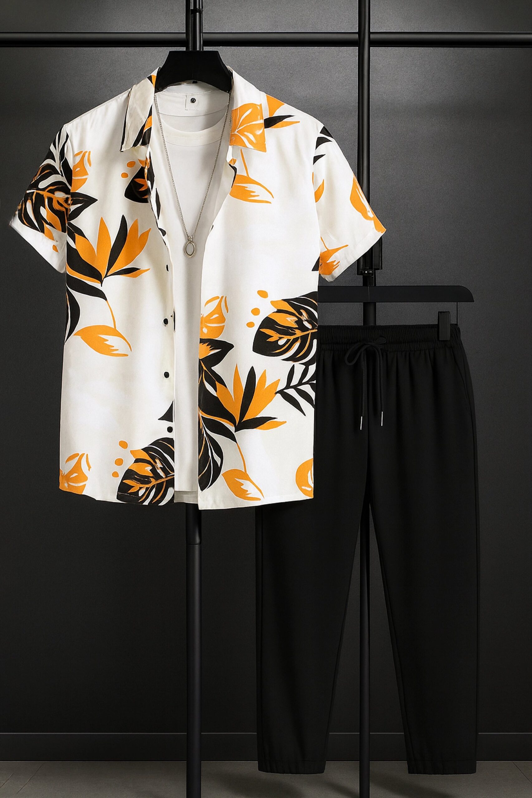 CRDS_YELLOW_LEAF_1-scaled-1.jpg Yellow Leaf Men’s Casual Half Sleeve Shirt and Trouser Co-ord Set - Image 1