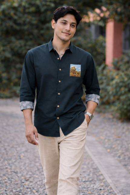 Vista Blue Cotton Heritage Embroidered Shirt