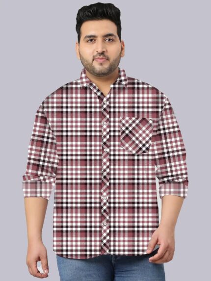 Magenta and Black Check Design Men Plus Size Shirt