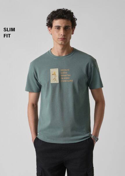 Green Embossed Print Slim Fit Cotton T Shirt