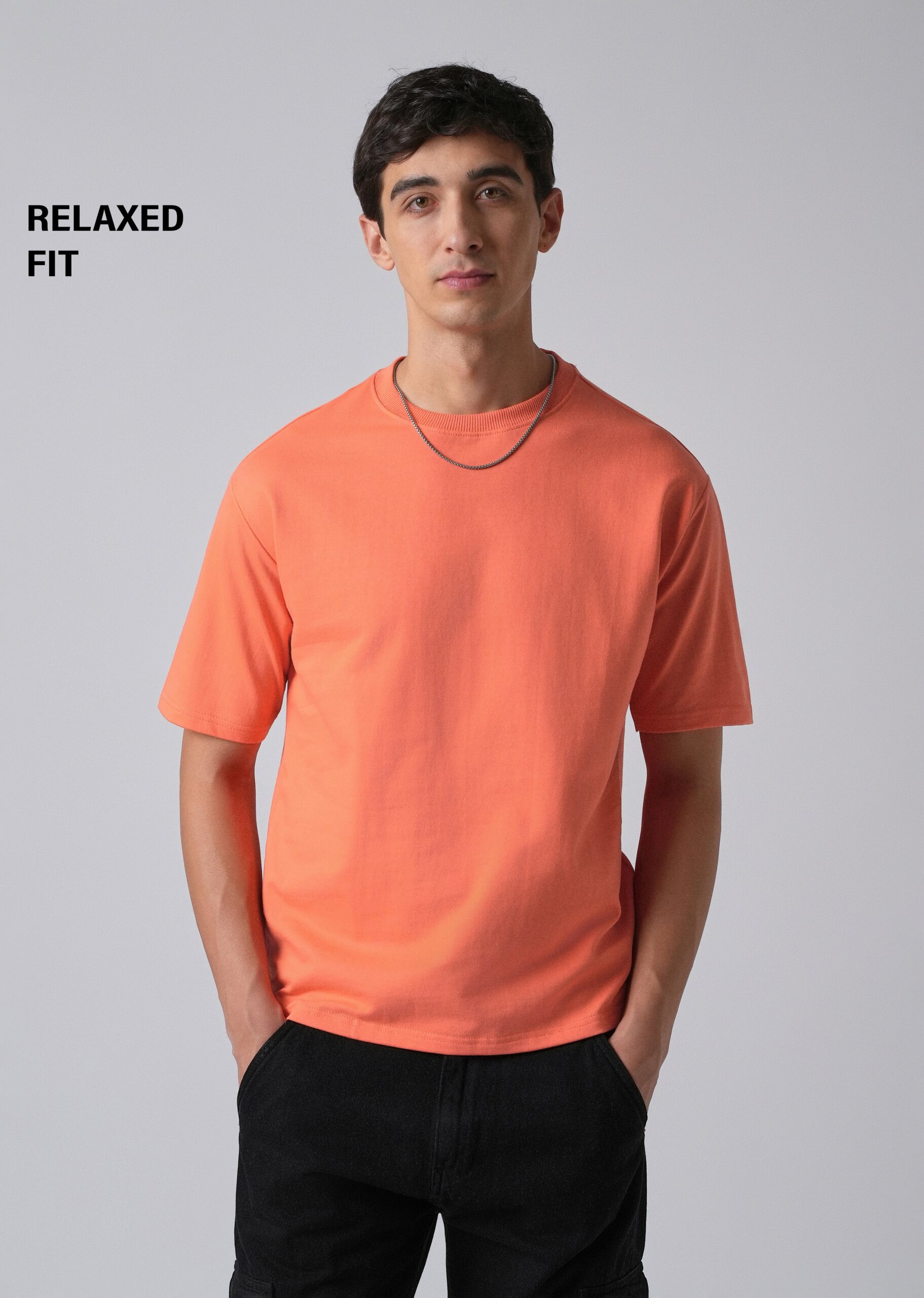 Peach_Orange_Basic_Relaxed_Fit_T-shirt_1-scaled-1.jpg Peach Orange Basic Relaxed Fit Cotton T Shirt - Image 1