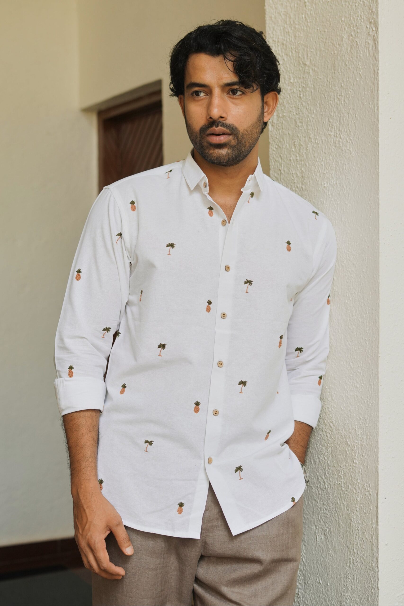 UFS04924-scaled-1.jpg Tropic Grove White Cotton Tropical Embroidered Shirt - Image 1