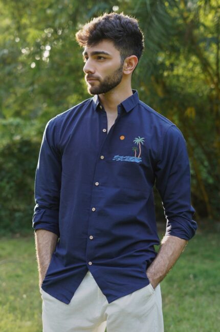 Tides and Palms Navy Coastal Embroidered Casual Shirt