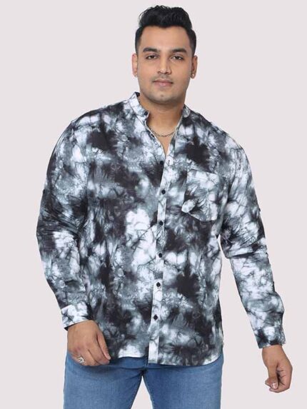 Grey Tie Dye Mandarin Collar Men Plus Size Shirt