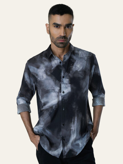 Black Abstract Printed Slim Fit Cotton Fashion Shirt