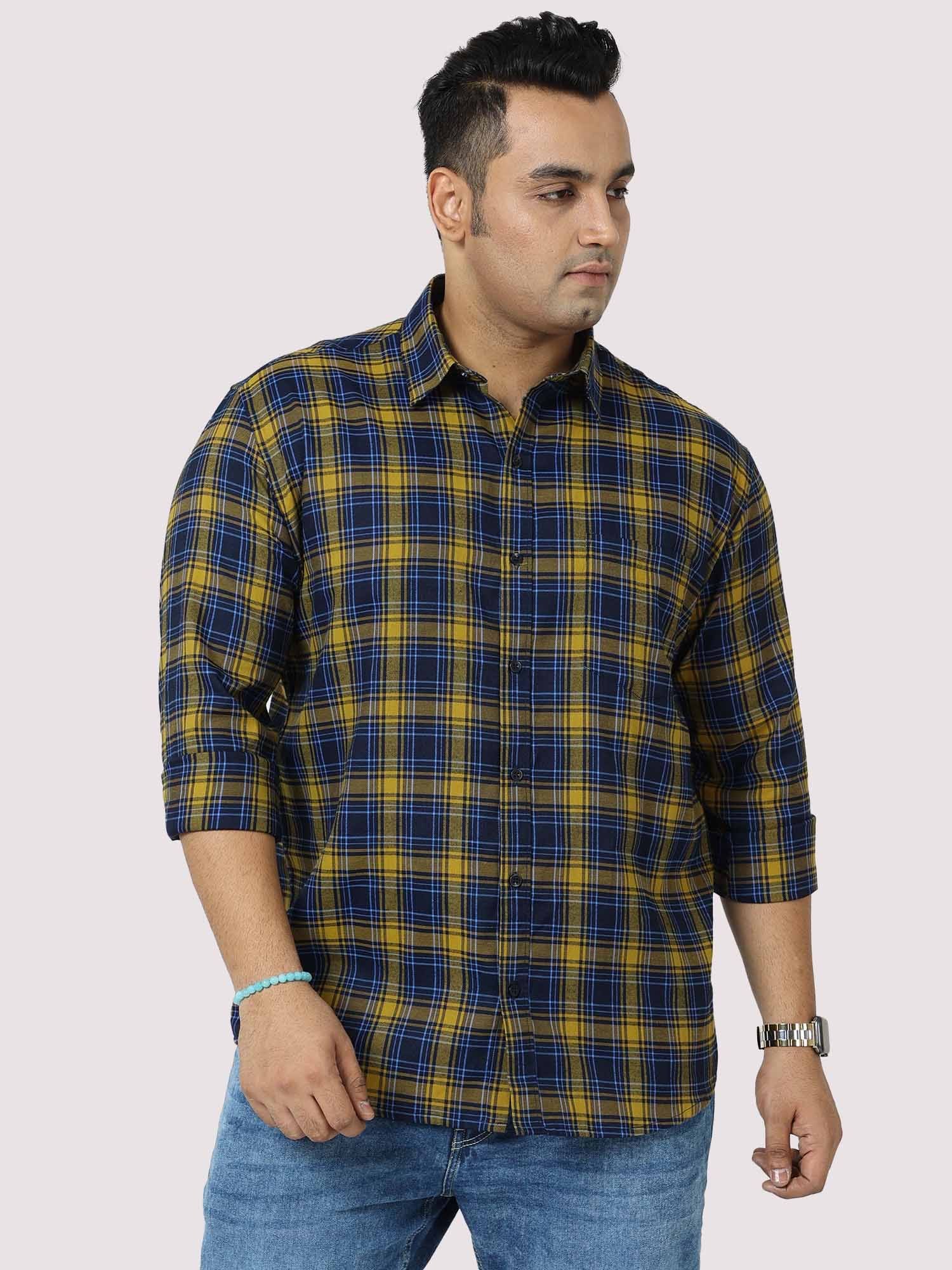 yellow-and-navy-blue-checkered-full-shirt-men-s-plus-size-guniaa-fashions-1.jpg Yellow and Navy Blue Check Pattern Men Plus Size Cotton Shirt - Image 1